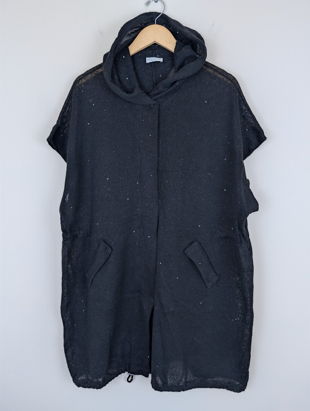 Brunello Cucinelli Open Knit Sequin Adorned Sleeveless Hooded Zip Up Cardigan